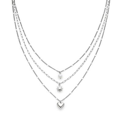 Kette mit Anhänger S.OLIVER "Summer Charms, Herz und Sonne", silber (edelstahlfarben, weiß), Halsketten, Damen, Edelstahl Perlen, L: 54 B: 3mm, Edelstahl, Perlen, mit Perle (imitiert), B:3mm