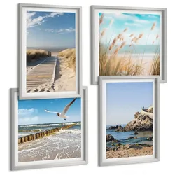 BILDER SET 4er Set - 50x50 cm & 40x60 cm Silberner Rahmen - Strand Holzsteg Klippen