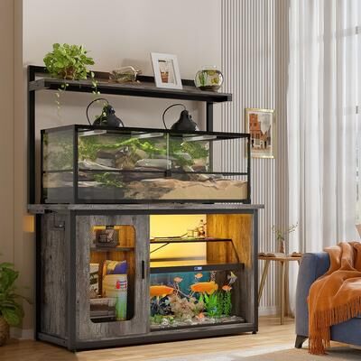 Rackcog Heavy Duty Aquarium Stand with Reversible Cabinet, 55-75 Gallon Fish Tank Stand with Power Outlets & LED Light