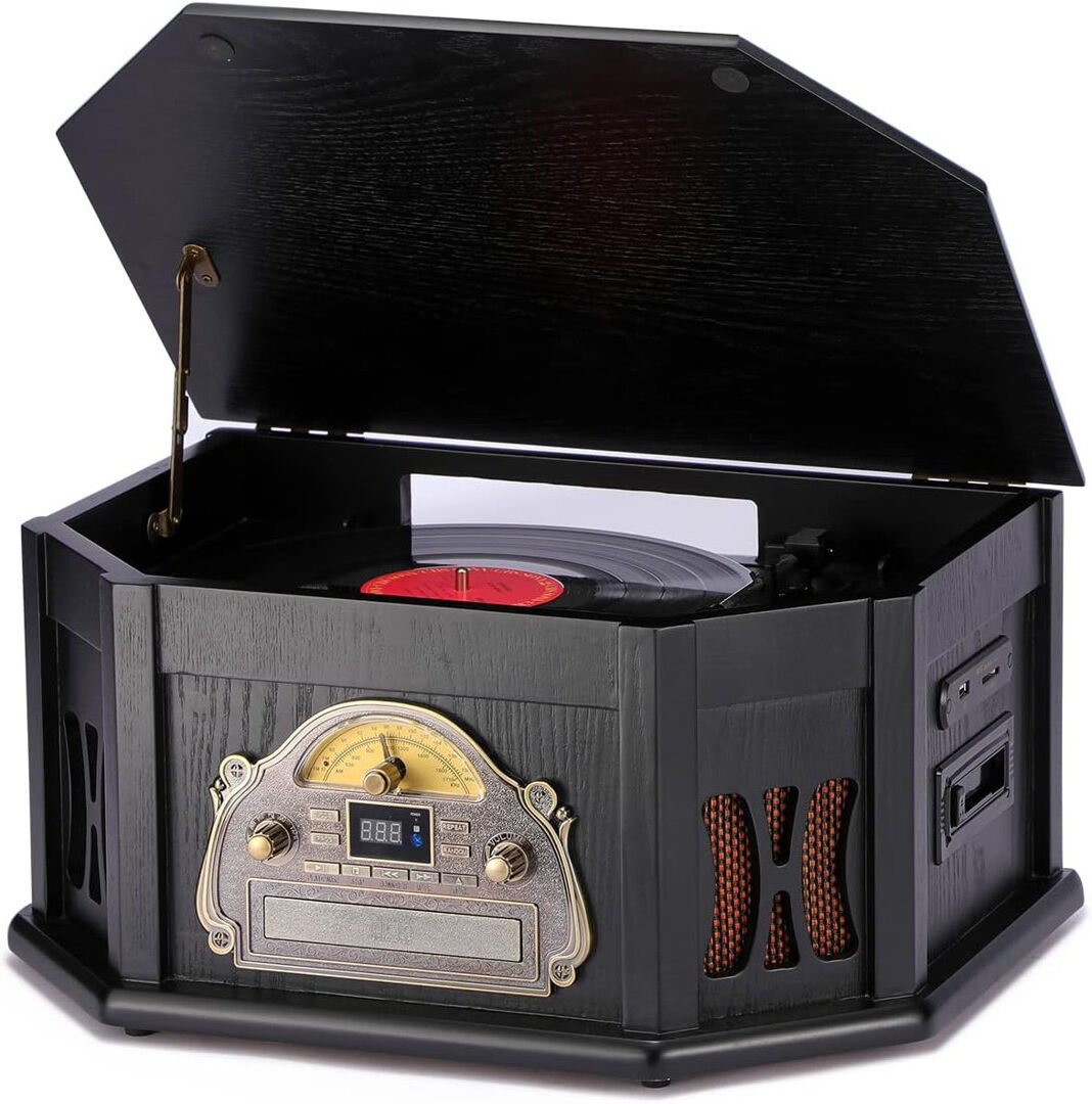 ORCC 10-in-1 Vintage Record Player, with Gift Card, CD/USB/SD Play, Bluetooth & Remote Control, FM/AM Radio Black 240cm H X 500cm W X 340cm D