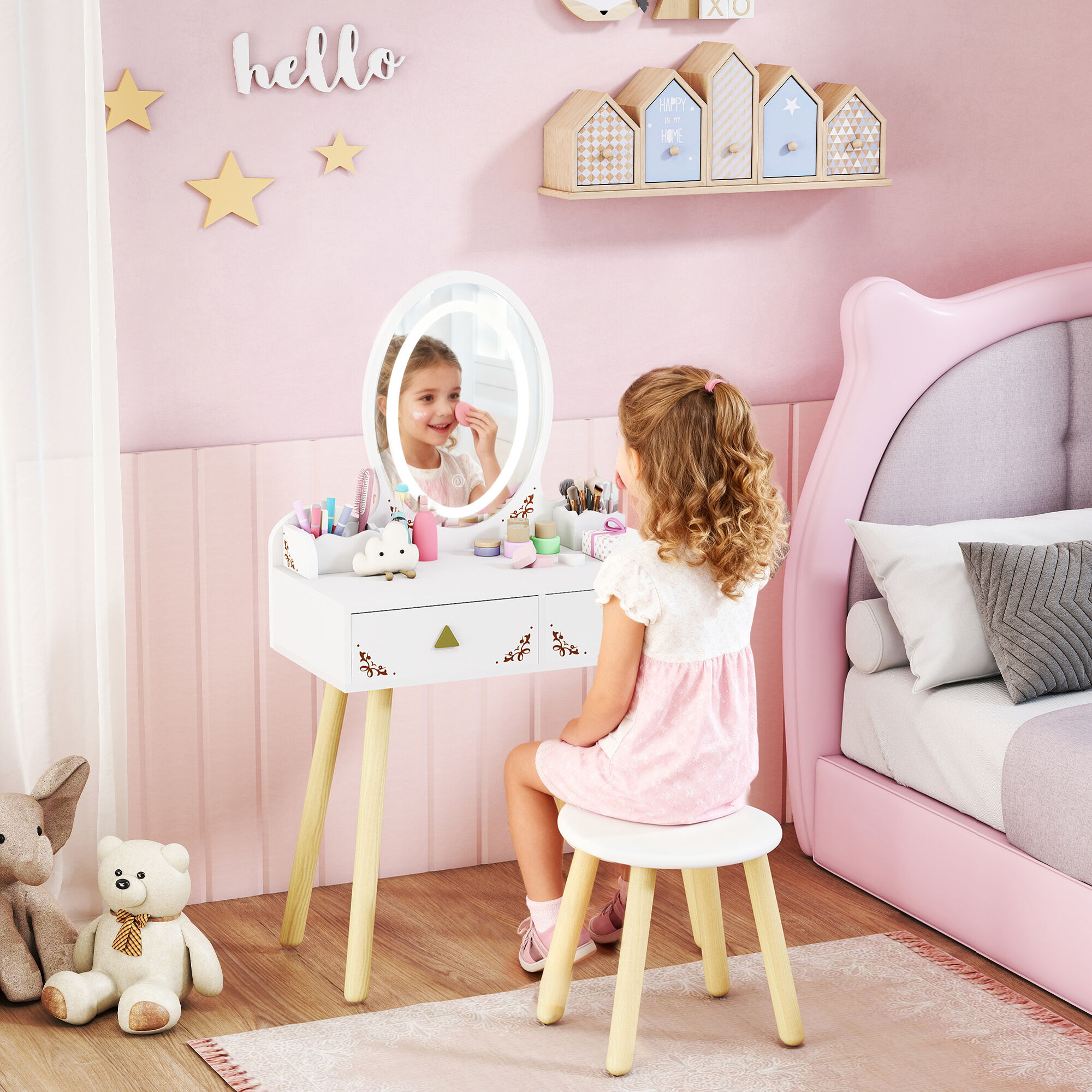 Altro Set Toeletta Per Bambini Da 3 Anni Con Specchio Illuminato E Sgabello, 2 Cassetti E 2 Scatole, Bianco