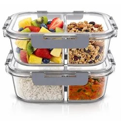 Arendo Frischhaltedose, 2er Set Glas Vorratsdosen, 2 Fächer, Lunchboxen, auslaufsicher, Deckel, transparent