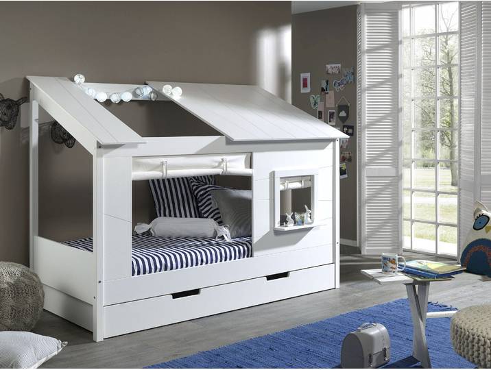 Hausbett VIPACK Hausbett , weiß, B:108cm H:158,5cm L:214cm, Betten, Hausbett, Baumhausbett mit Vorhang-Set, Liegefläche 90 x 200 cm, Bettschublade