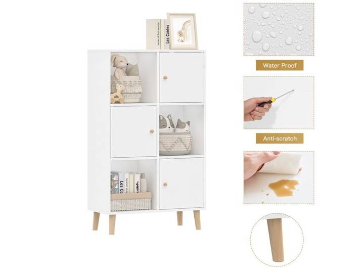 Blanc Bibliothèque avec 6 Compartiments ouverts Étagère pour livre CD Meuble avec 3 Portes et Cloison Séparateur