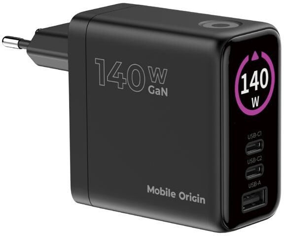 Mobile Origin PW21 Display Vægoplader GaN 140W med 2x USB-C + 1x USB-A - Sort