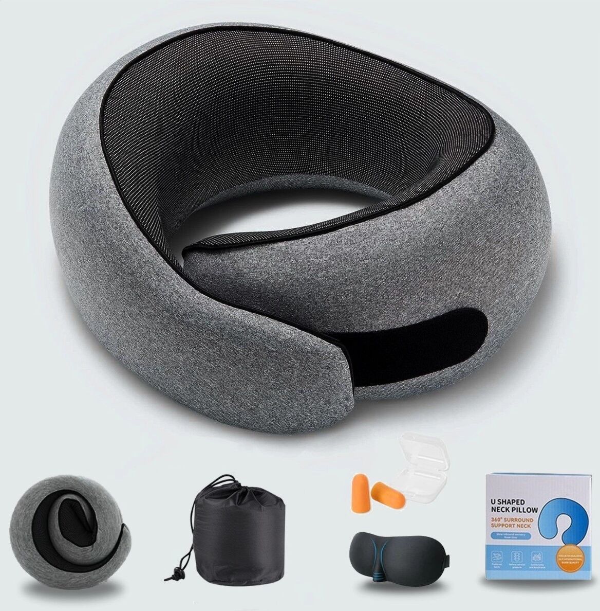 INF U-förmiges Nackenkissen aus Memory-Schaum mit Magnettherapie-Stoff, langsame Rückstellung, inkl. Augenmaske, Ohrstöpsel und Dunkelgrau