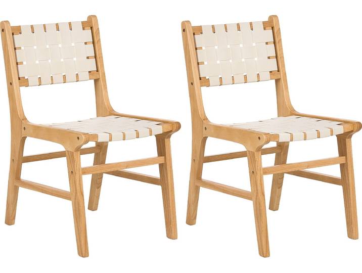 BELIANI Esszimmerstühle 2er Set Hellbraun und Hellbeige Holz Kunstleder Geflochtene Sitzfläche Modernes Design Boho Esszimmer Küchenstühle