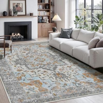 Ember Veil Dusty Blue Vintage Persian Style Distressed Area Rug