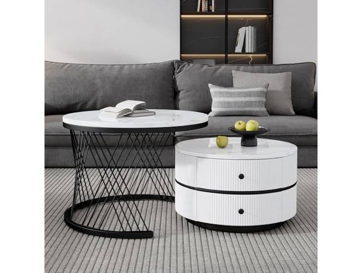 BTM Elegantes 2-teiliges, weißes Couchtisch-Set in Nestform, 60*60*46cm & 50*50*31cm, runde Tische mit hochglänzender Marmoroptik, 2 Schubladen, bis 30kg belastbar,Nesting-Kombination Couchtisch