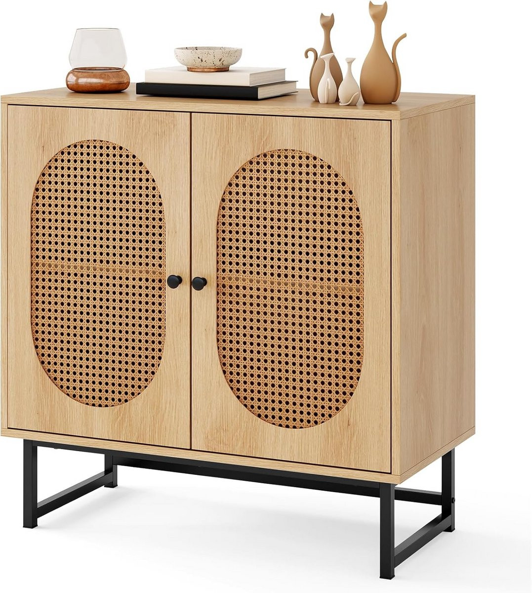 Low Sideboard met Rattan Deuren, Verstelbare Legborden en Metalen Onderstel voor in de Keuken