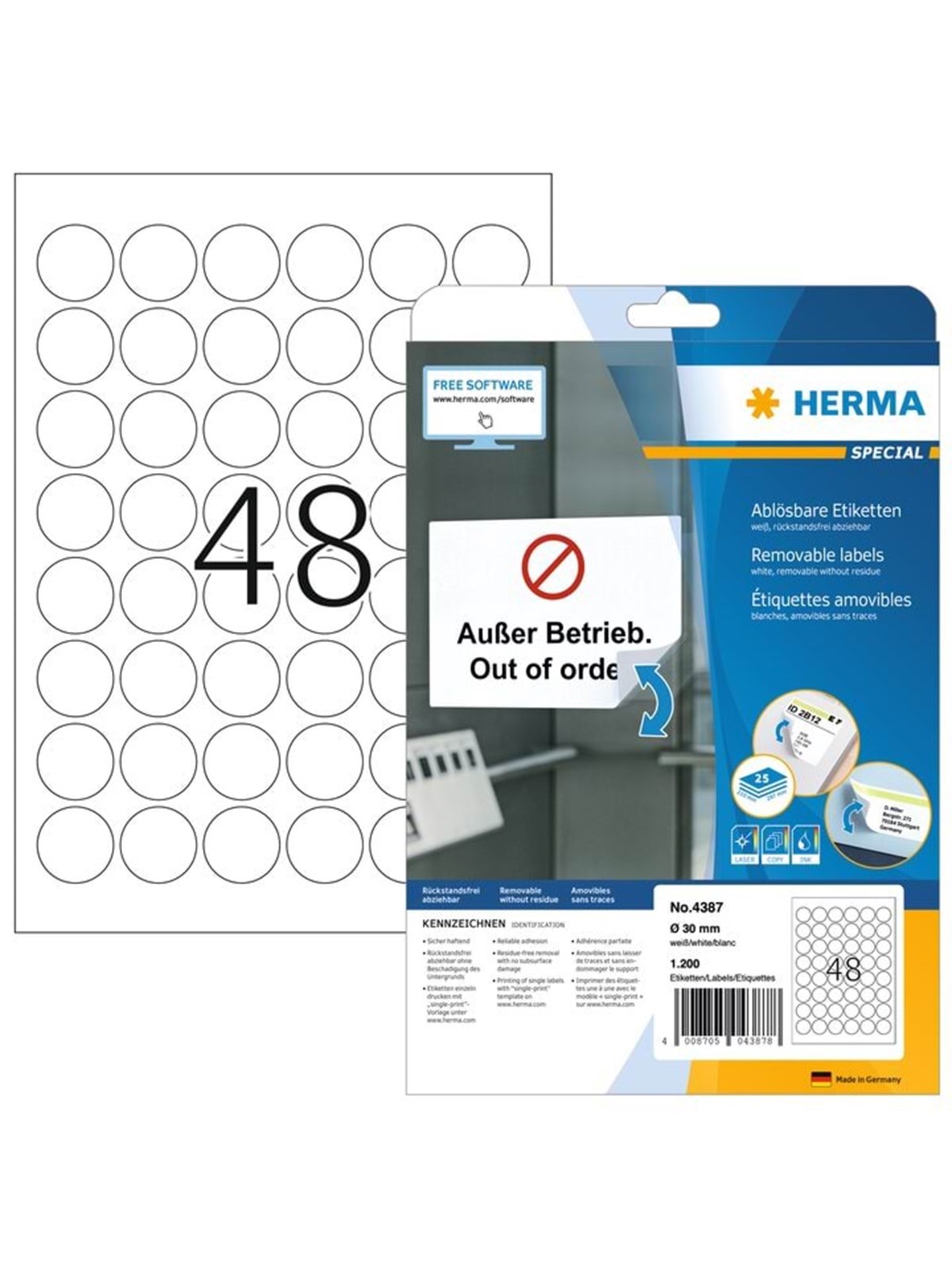 HERMA Ablösbare Etiketten A4, Ø 30 mm, rund, weiß