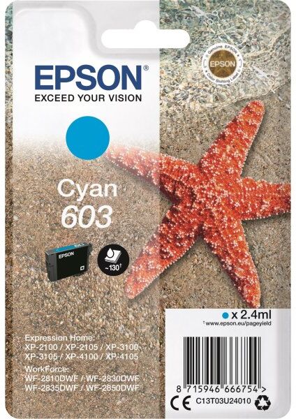 Epson 603 Blækpatron Cyan, Blister, 2,4 Ml