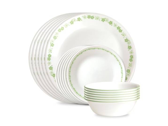 Corelle Vitrelle 18-teiliges Geschirrset aus Glas, Service für 6 Personen, dreilagig, splitter- und rissfest, Glasteller- und Schüssel-Sets, Frühlingsblütengrün