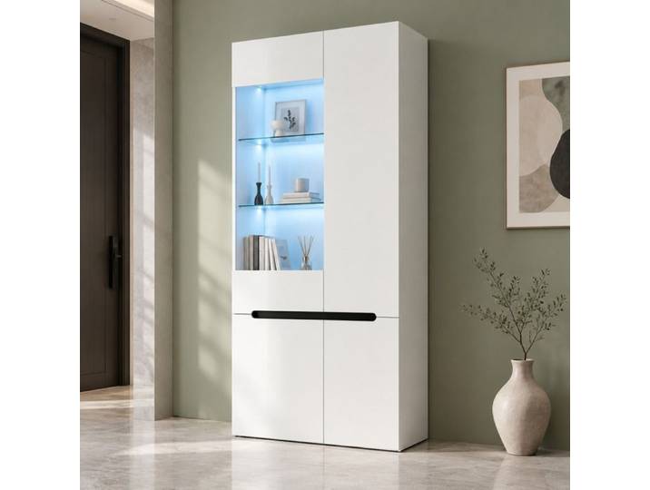 MEULVA Vitrine haute blanche LED Bluetooth 4 portes MDF et verre trempé 80 x 35 x 180 cm