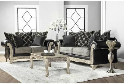 Roundhill Furniture San Marino 2-Tone Fabric Wooden Frame Sofa and Loveseat with 3 Tables Set in Ebony