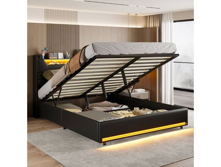 140x190 cm lit coffre capitonné avec led lit rembourré hydraulique avec USB lit double avec rangement lit 2 personnes PU-DADEA