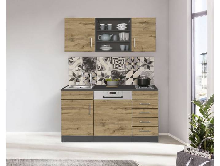 Pantryküche KOCHSTATION KS-Mali , grau (küche: natur, front: wotaneiche, korpus: grau, arbeitsplatte: anthrazit), B:150cm H:200cm T:60cm, Komplettküchen-Sets, Küchenzeile, Breite 150 cm, mit E-Geräten