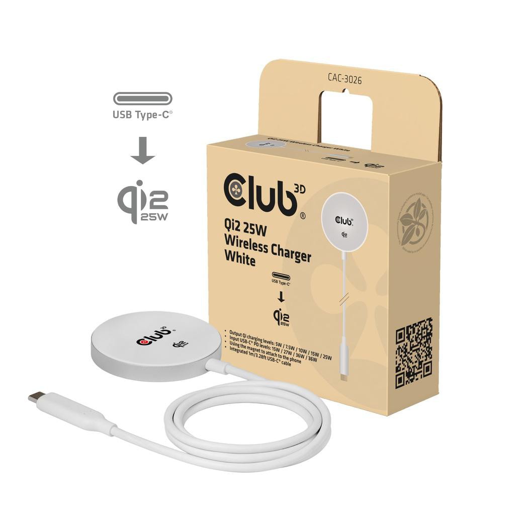 Club3D Club 3D CAC-3026 Qi2 25W Wireless Charger Qi Certified MagSafe Compatible Magnetic Pad Weiß