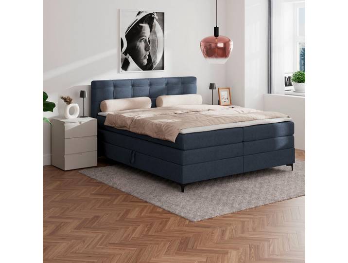 P & B Boxspringbett, Dunkelblau, Metall, Kunststoff, geometrisch, H3, 1,1-Zonen, Höhe ca. 16 cm, 180x200 cm, Schlafzimmer, Betten, Boxspringbetten