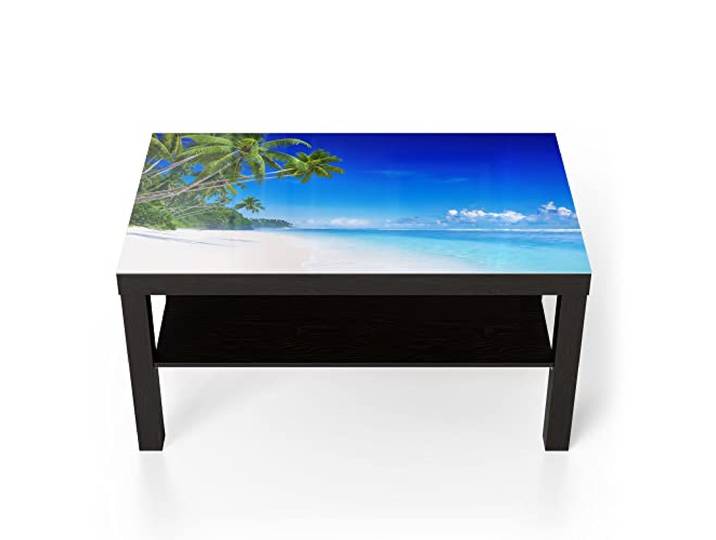 DEQORI Glastisch schwarz groß 90x50 cm Motiv Palmen am Sandstrand ausgefallener Beistelltisch aus Glas Hochglanz Couchtisch fürs Wohnzimmer moderner Couch Tisch mit Design