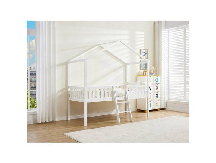 Lit cabane mi-hauteur 90 x 190 cm - Pin - Blanc + Matelas - NALENY
