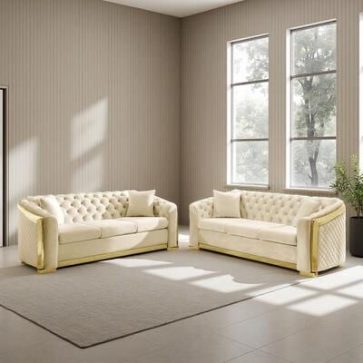 ZWYO HOSIMU Velvet Chesterfield Sofa Set with Stainless Steel Decoration and Pillows (2-Piece)