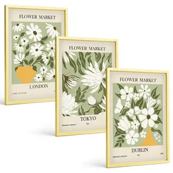 BILDER SET 3er Set - 40x60 cm Goldrahmen - Blumenmuster London Tokio Dublin