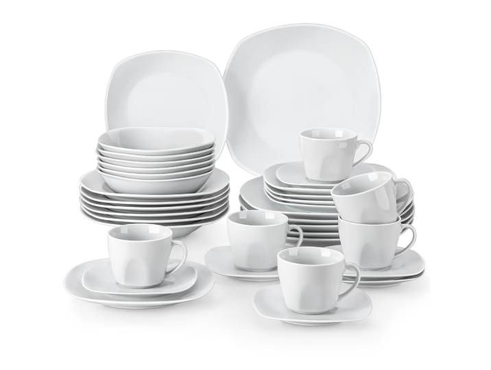 Service de table en porcelaine blanche MALACASA 36 pièces, ensemble de vaisselle en céramique Elisa avec 6 assiettes plates/dessert/soupe/bol/soucoupe/tasse