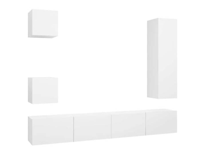GHVBNMF 5-TLG. TV-Schrank-Set Wandmontage Weiß Holzwerkstoff TV-Board Modernes hängendes Lowboard Set für Wohnzimmer und Schlafzimmer. Schafft Ordnung mit viel Stauraum an der Wand.