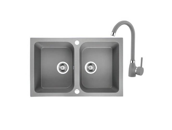 KOLMAN Küchenspüle Celia Set Einzelbecken Granitspüle und Spültischarmatur, Rechteckig, 48/76 cm, Grau