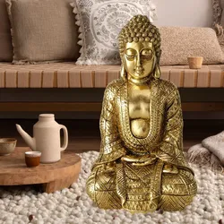 Wohndekoration Buddha Figur Wohnzimmer Dekofigur, Skulptur Asiatisch, Kunstharz gold, LxBxH 12x10x20 cm