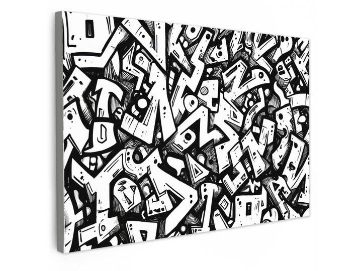 MuchoWow Leinwandbild - Formen - Buchstaben - Graffiti - Schwarz - 90x60 - Deko Wohnzimmer, Textil, Kiefer, Abstrakt, Rechteckig, 90x60 cm, gerahmt, Bilder & Rahmen, Bilder, Wandbilder