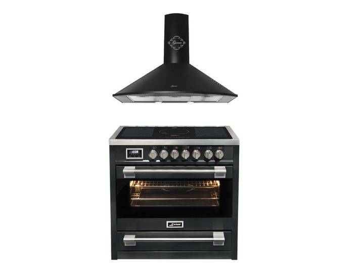 Kaiser Küchengeräte Induktions Herd-Set Induktionsherd 90 cm mit XXL Backofen 115 L, Drehspieß, Heißluftsystem+Dunstabzugshaube 90 cm, 1000m³/h,Abluft/Umluft HC 93691 IS+GCH C 046 BL 9 N, mit 1-fach-Teleskopauszug, Katalytische Selbstreinigung, Schwarz Freistehend Herd 90 cm+Dunstabzugshaube