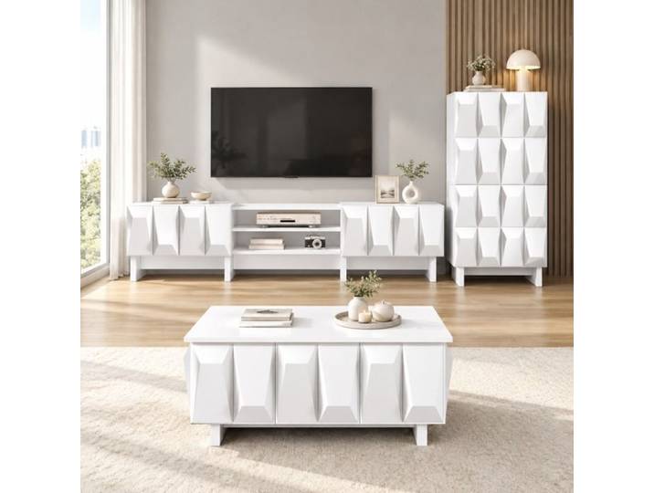 SENVIRO Ensemble salon 3 pièces blanc meuble TV 180 x 34 x 44 5 cm buffet et table basse à façades 3D