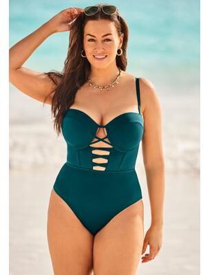 Plus Size Women's Underwire Lace Up One Piece Swimsuit by Swimsuits For All in Mediterranean (Size 22)