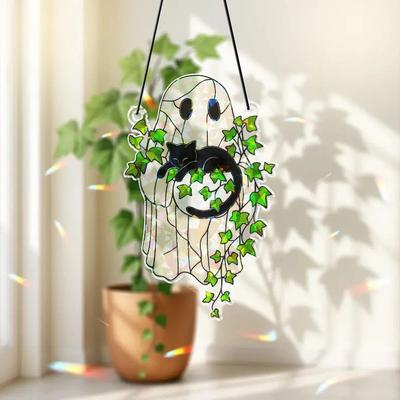 Inspired Living Cute Ghost & Black Cat Halloween Window Decor Acrylic Suncatcher Cute Ghost & Black Cat Halloween Window Decor Acrylic Suncatcher