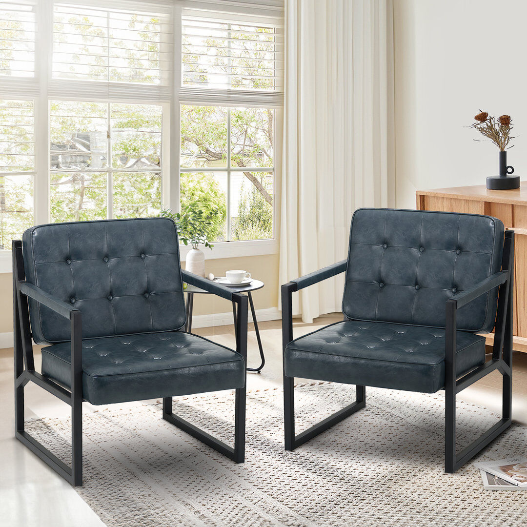 17 Stories Modern Faux Leather Tufted Back Accent Chair with Metal Farme Blue Faux Leather 83.4cm H X 66.4cm W X 72.9cm D