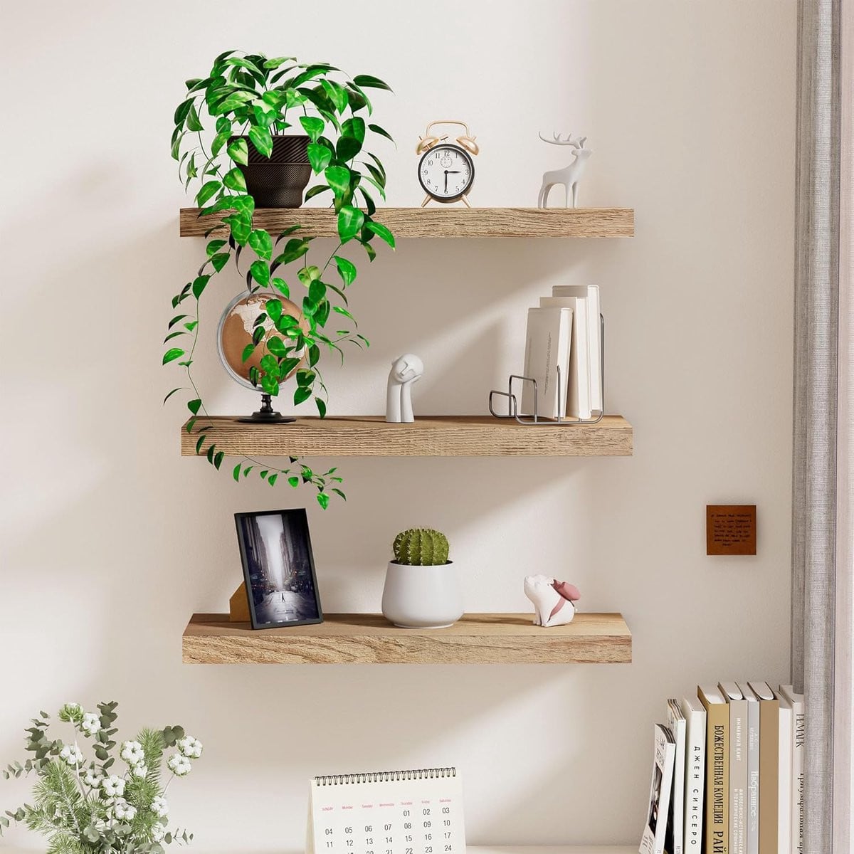 Set van 3 rustieke zwevende wandplanken van 40 cm voor decoratie en opslag