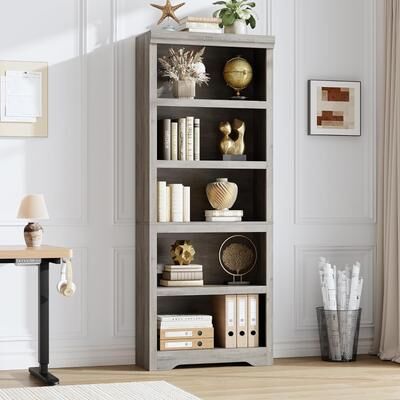 Garvee Farmhouse Bookcase with Adjustable Shelves, Wooden Display Storage Shelves with Anti-Slip Design for Home Office