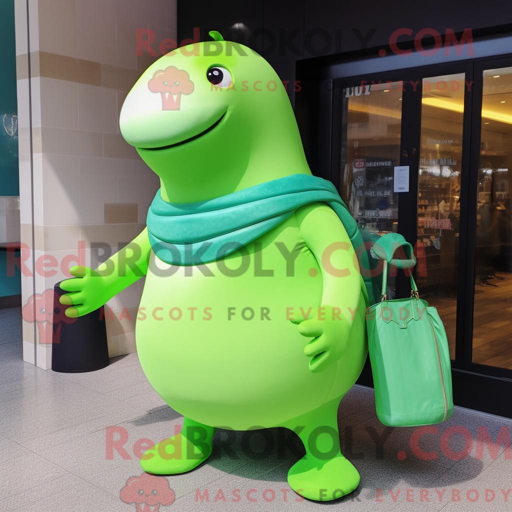 Maskottchen REDBROKOLY eines limettengrünen Buckelwals mit Rollkragen und Handtasche