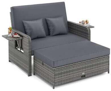 Costway Wicker Loveseat Sofa with Multipurpose Ottoman and Retractable Side Tray-Gray