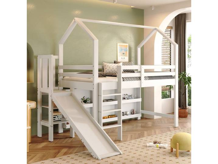 Lit pour enfant - Multifonctionnel - Blanc - Toboggan & escaliers - Bois massif + MDF