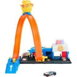 Hot Wheels City Super Polizeiwache-Spielset mit Spielzeug-Polizeiwagen im Maßstab 1:64 und anpassbarer Rennbahn mit Looping