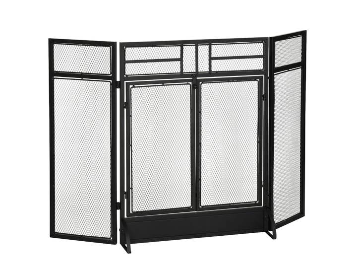 HOMCOM Salvachispas Plegable Pantalla Protectora de Chimenea de 3 Panneaux con Doble Puerta y Pies 120x11,5x79 cm Noir