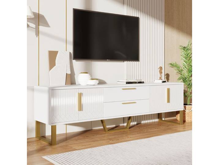 Meuble TV 170cm - aspect brillant - 4 portes texturées gravées avec poignées dorées - Blanc