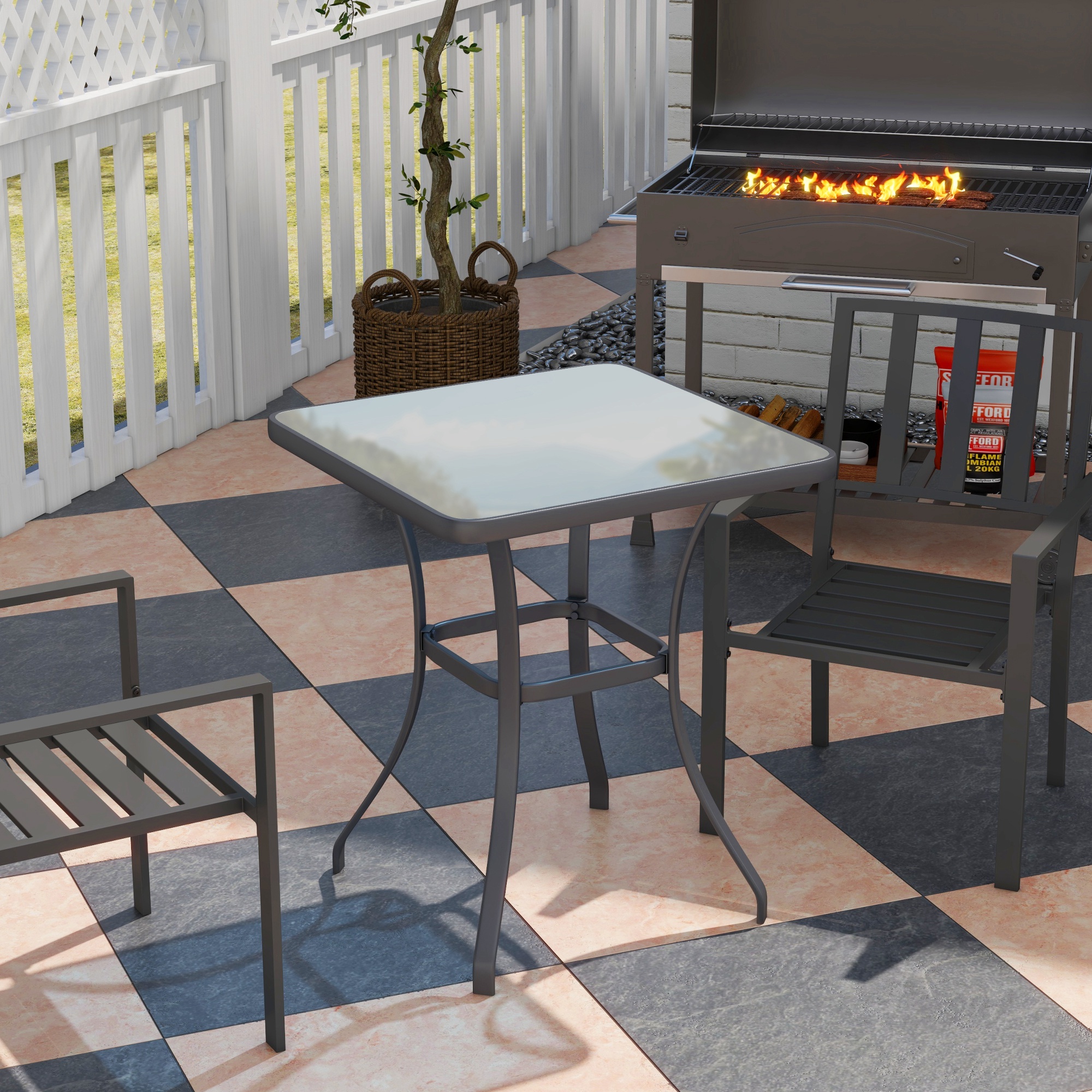 Outsunny Tavolino da Giardino in Metallo Nero, Piano in Vetro Temperato, Design Elegante, 68.5x68.5x84cm - Perfetto per Esterni Aosom