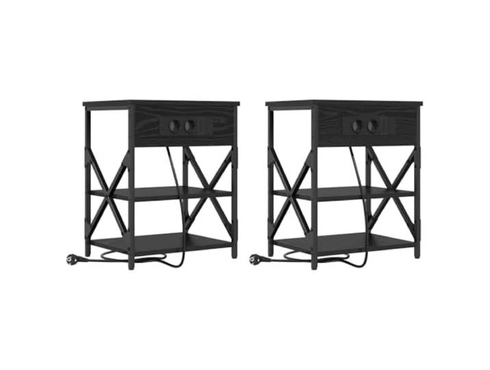 fsahslih Nachttisch 2er Set mit Ladestation Schwarz Eichenoptik 41x31x51cm Praktischer Beistelltisch fürs Schlafzimmer mit integrierten Steckdosen, 4 Ablageflächen und robustem Stahlgestell.