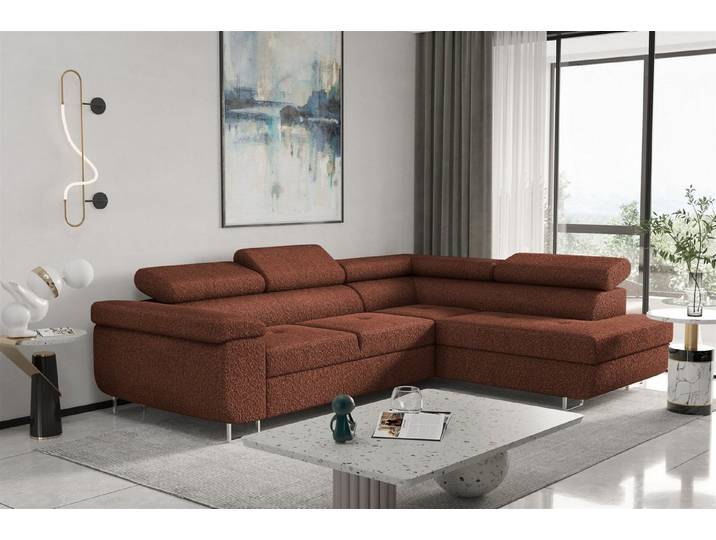 Fun Möbel Ecksofa Schlafsofa JADE Stoff Bouclestoff Ascot mit Ottomane Links oder Rechts, Schlafsofa mit Ottomane Links oder Rechts, mit Schlaffunktion