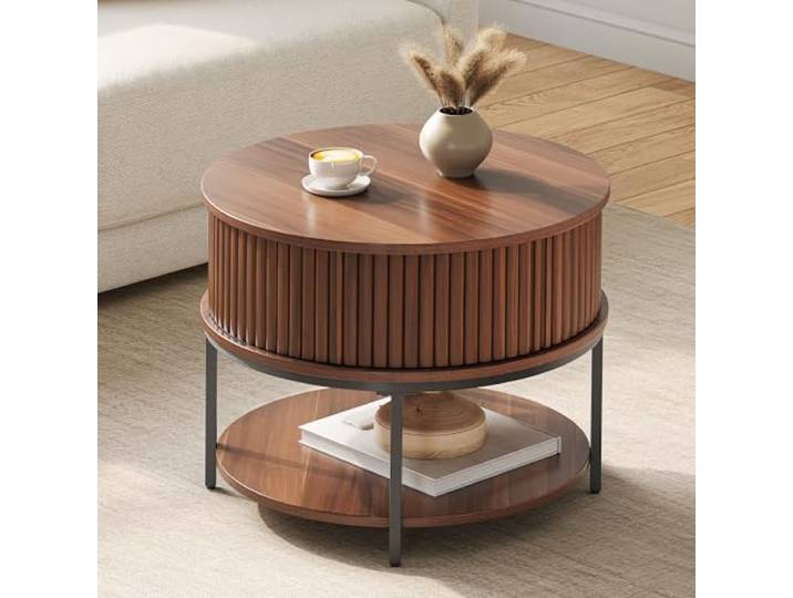 YITAHOME Couchtisch Rund, Couchtisch mit 2-stufigem Stauraum, Couchtische mit Schiebetüren im Tambour-Design für das Wohnzimmer, Couchtische aus Holz, Walnuss
