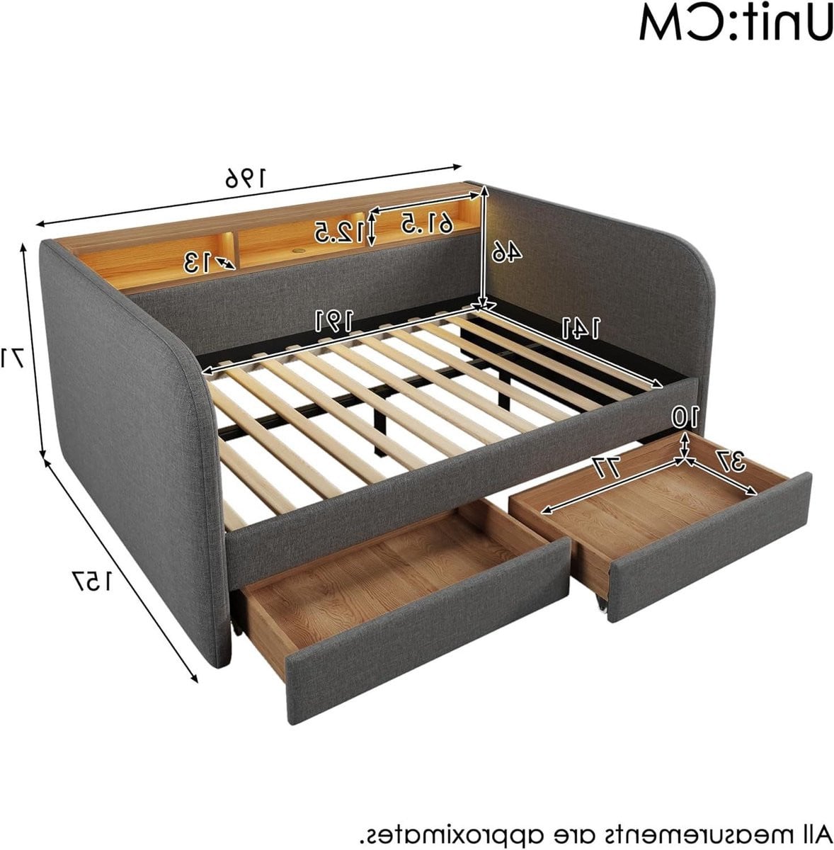 Grijs gestoffeerd tweepersoons opbergbed met USB-laadfunctie, 140 x 190 cm
